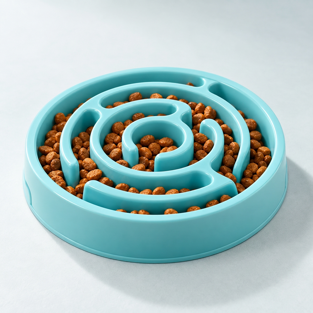 Blue Pet Slow Feeder Bowl with kibble in the raised maze channels