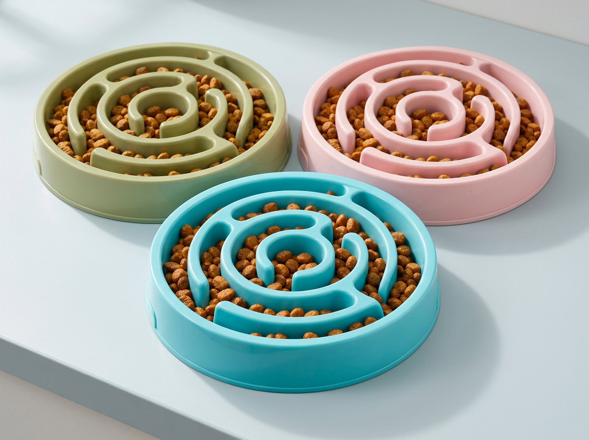 The blue, green and pink maze slow feeder bowls together