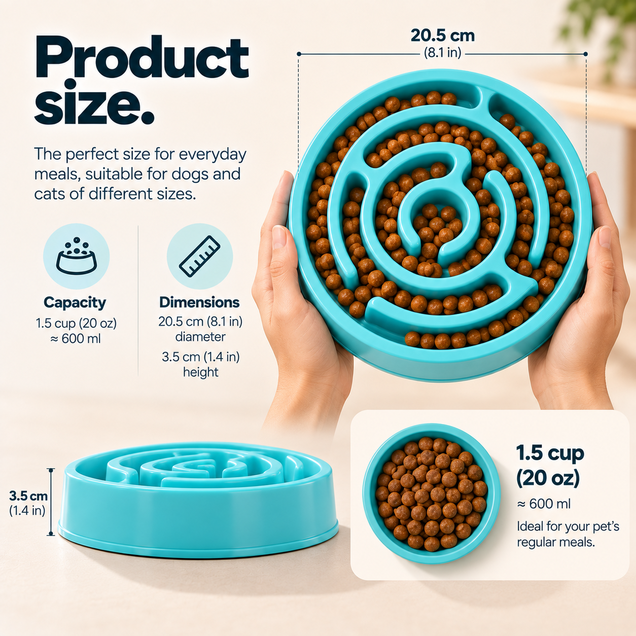 Bowl dimensions — 20.5 cm wide, 3.5 cm high, holds 1.5 cups or 600 ml