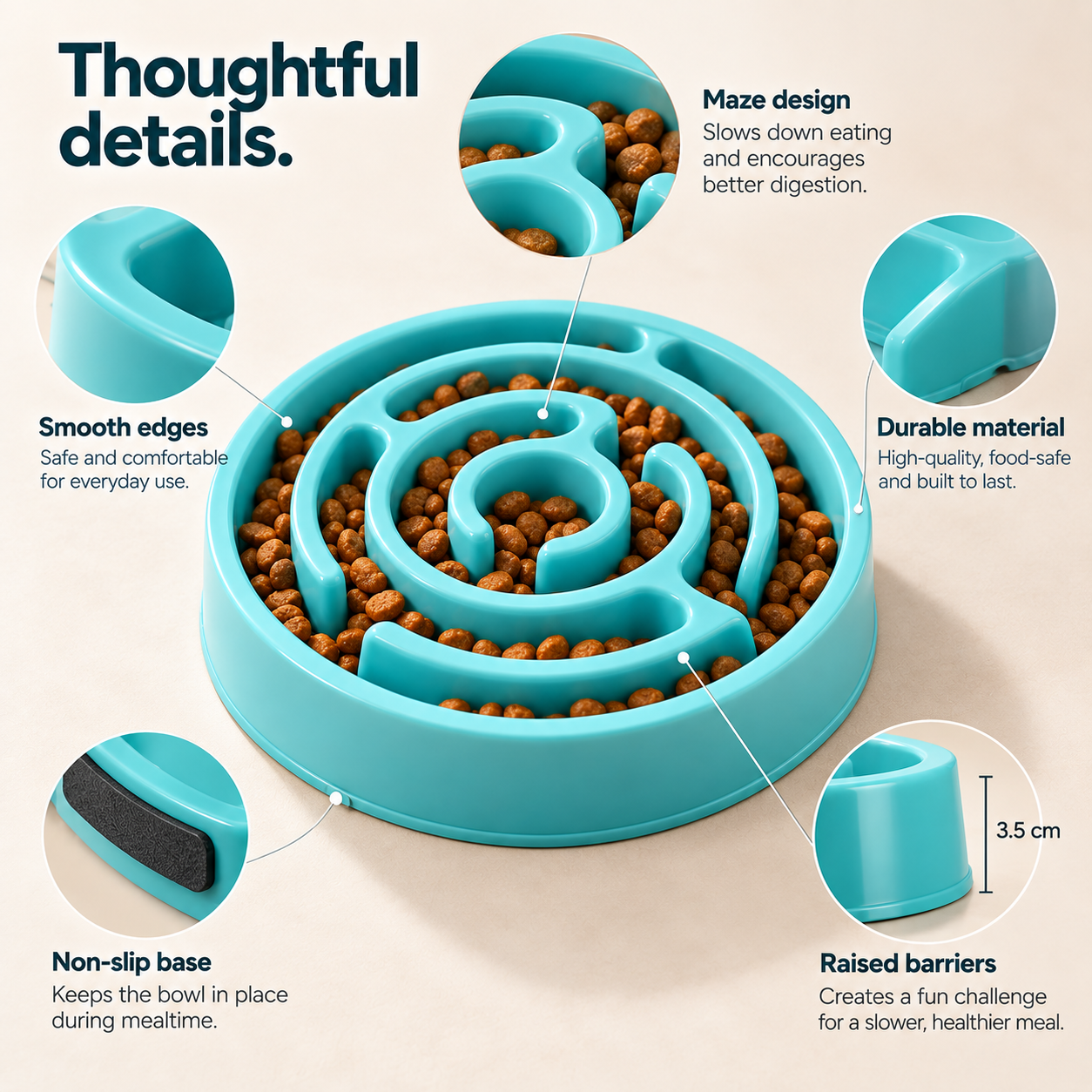 How the slow feeder bowl works — raised maze channels slow down eating